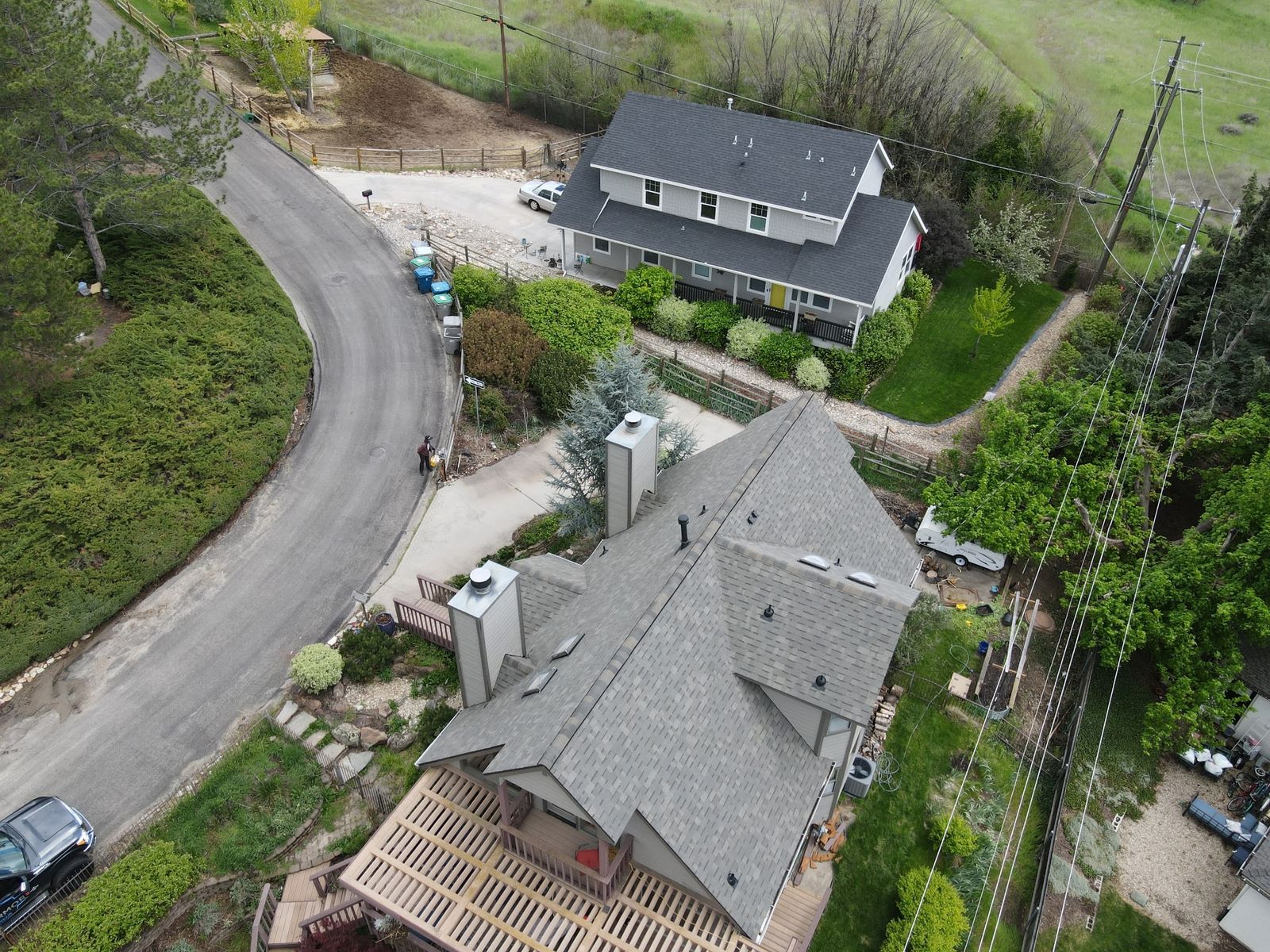 A hillside reroof from the air