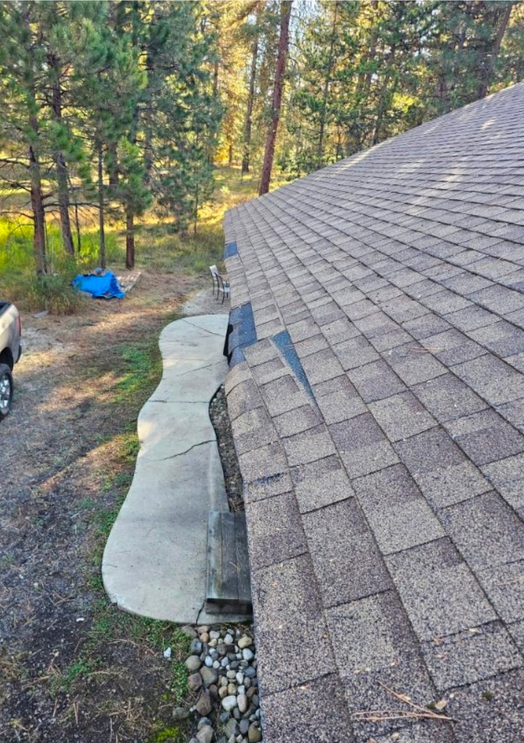 Ice dam damage along the eave of a shingle roof, with shingles lifted and underlayment exposed