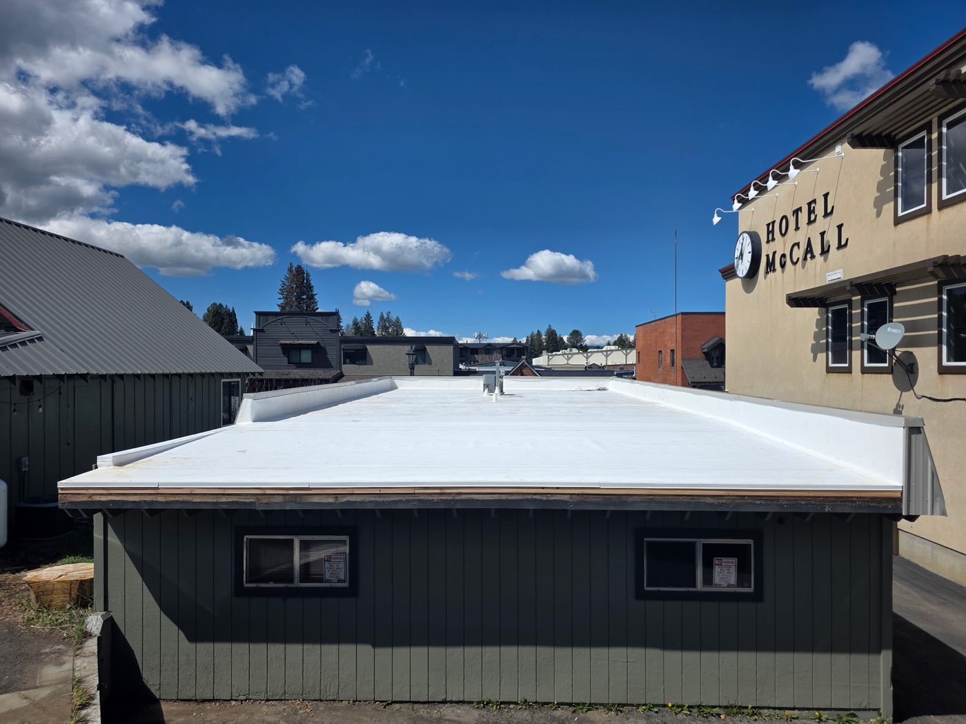 Finished white TPO flat roof on a commercial building in downtown McCall