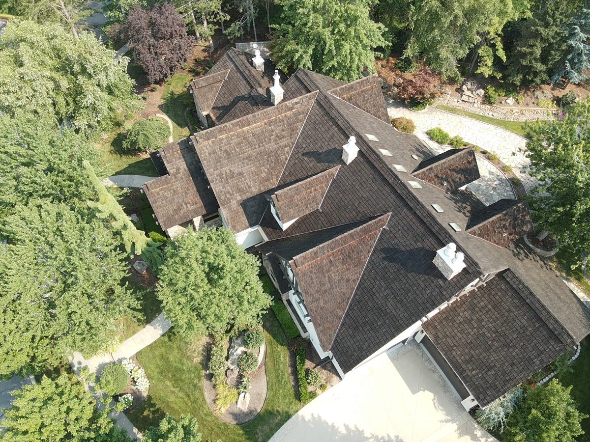 Cedar wood shake roof on a Treasure Valley estate, aerial view