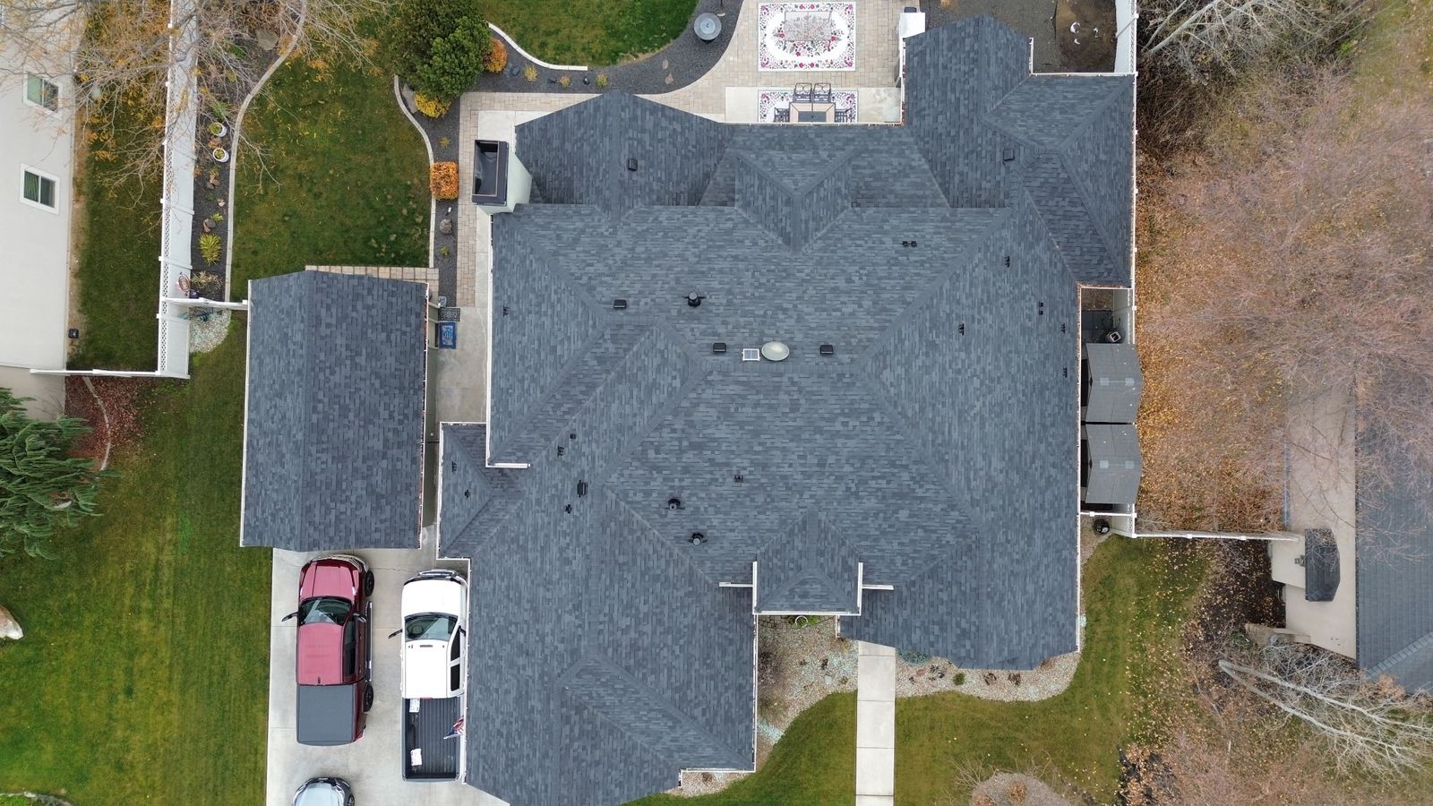 A completed shingle roof from above