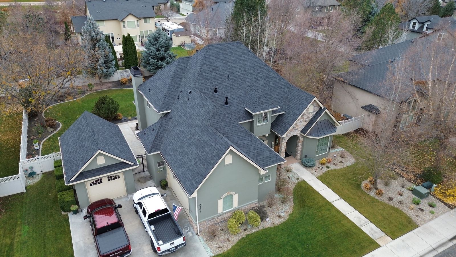 Two-story stucco and stone home